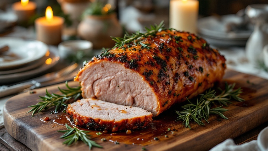 Savory Herb-Crusted Pork Roast Recipe Herb-crusted pork roast on a cutting board with rosemary and a rustic table setting.